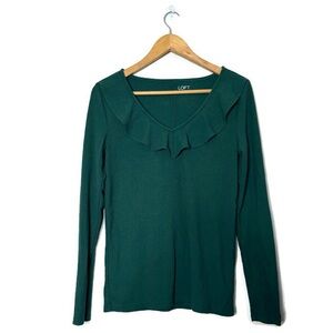 Loft Ruffle Neckline Green Ribbed Long Sleeve Blouse Size Medium
